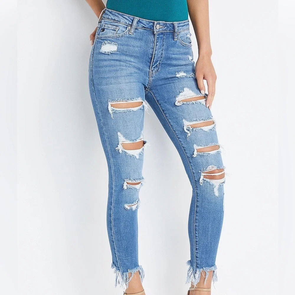 KanCan Light Wash High Rise Destructed Frayed Hem Ankle Skinny Jeans 28 Women’s